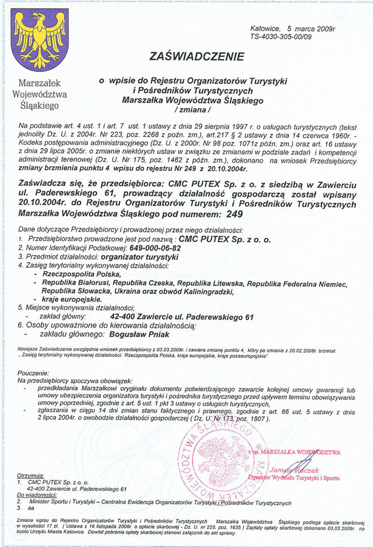 Zaświadczenie o wpisie do Rejestru Organizatorów Turystyki